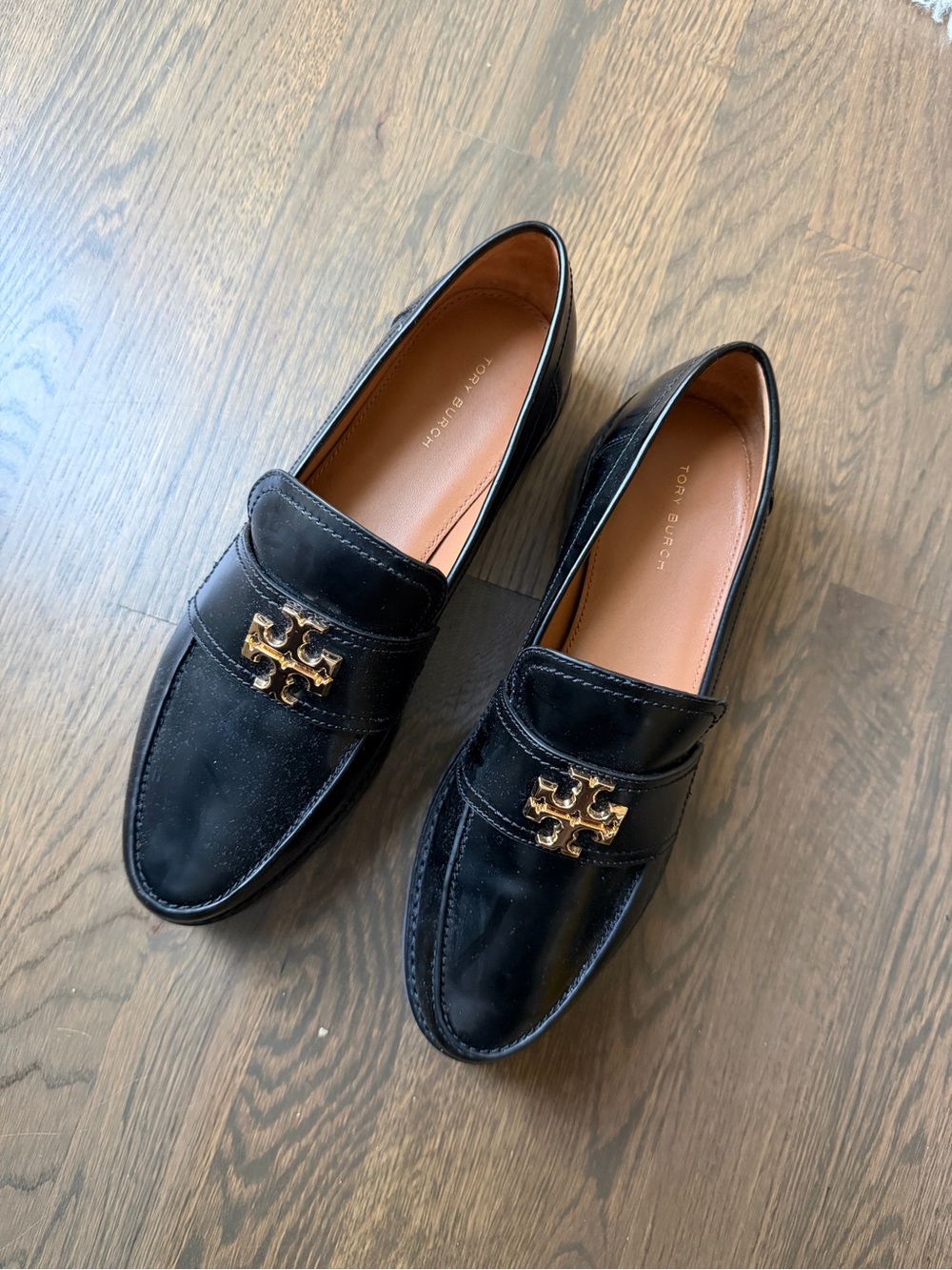 Tory Burch Black Leather Women's Penny Loafers with Gold Logo